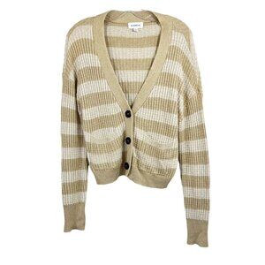 Evereve Kiki Cardigan Sweater Tan Striped V-Neck Button Front - Size Small